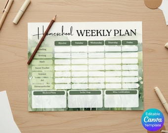 Planificador semanal de lecciones para la educación en casa / Plan de lecciones sobre la naturaleza y el bosque, editable (plantilla de Canva) / Planificación escolar al aire libre personalizable / Mamá Crunchy