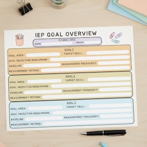 May include: A printed IEP Goal Overview sheet with sections for student information and three goals. The sheet includes areas for goal objectives, baselines, and measurement methods. A pencil holder, paperclips, pens, and a black pen are also visible.