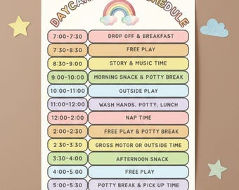 Daycare Daily Schedule | Rainbow Pastel, Editable Canva Template (Printable PDF) | In Home Daycare Center Poster