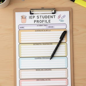 May include: A clipboard with an IEP Student Profile form. The form includes sections for student info, strengths, interests, learning preferences, needs, and additional notes. A black pen rests on the form. Colored pencils, paperclips, and highlighters are also visible.