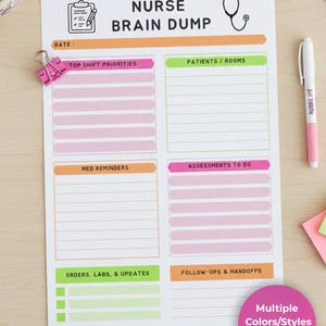 May include: A white paper titled "NURSE BRAIN DUMP" with sections for notes, including "Top Shift Priorities" and "Assessments to Do." A pink pen and a pink paper clip are on the wooden surface. The design includes a stethoscope graphic and a pink circle that says "Multiple Colors/Styles Included!"