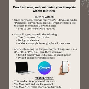 May include: An editable Canva template information sheet with text detailing how to customize, edit, and save the design. It includes a laptop icon, a Canva logo, and a smartphone icon. The text outlines terms of use and instructions for digital or print use.