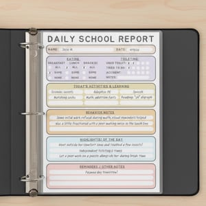 May include: A daily school report form inside a black three-ring binder. The document features sections for eating, toileting, activities, behavior, highlights, and reminders. It includes handwritten text such as Jetic M., 4/12/26, and Pajama day tomorrow.