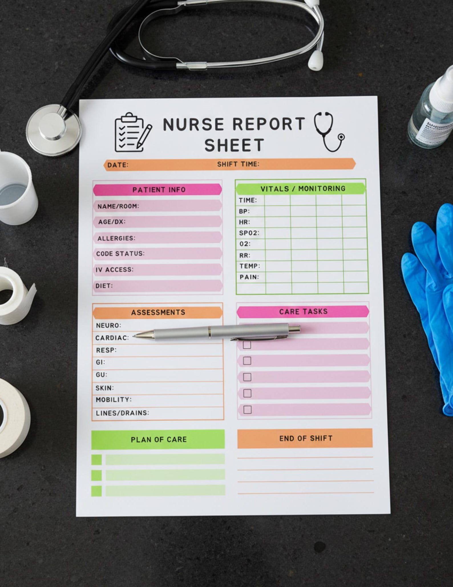 Editable Nurse Report Sheet Template | Shift Organizer Printable PDF ...