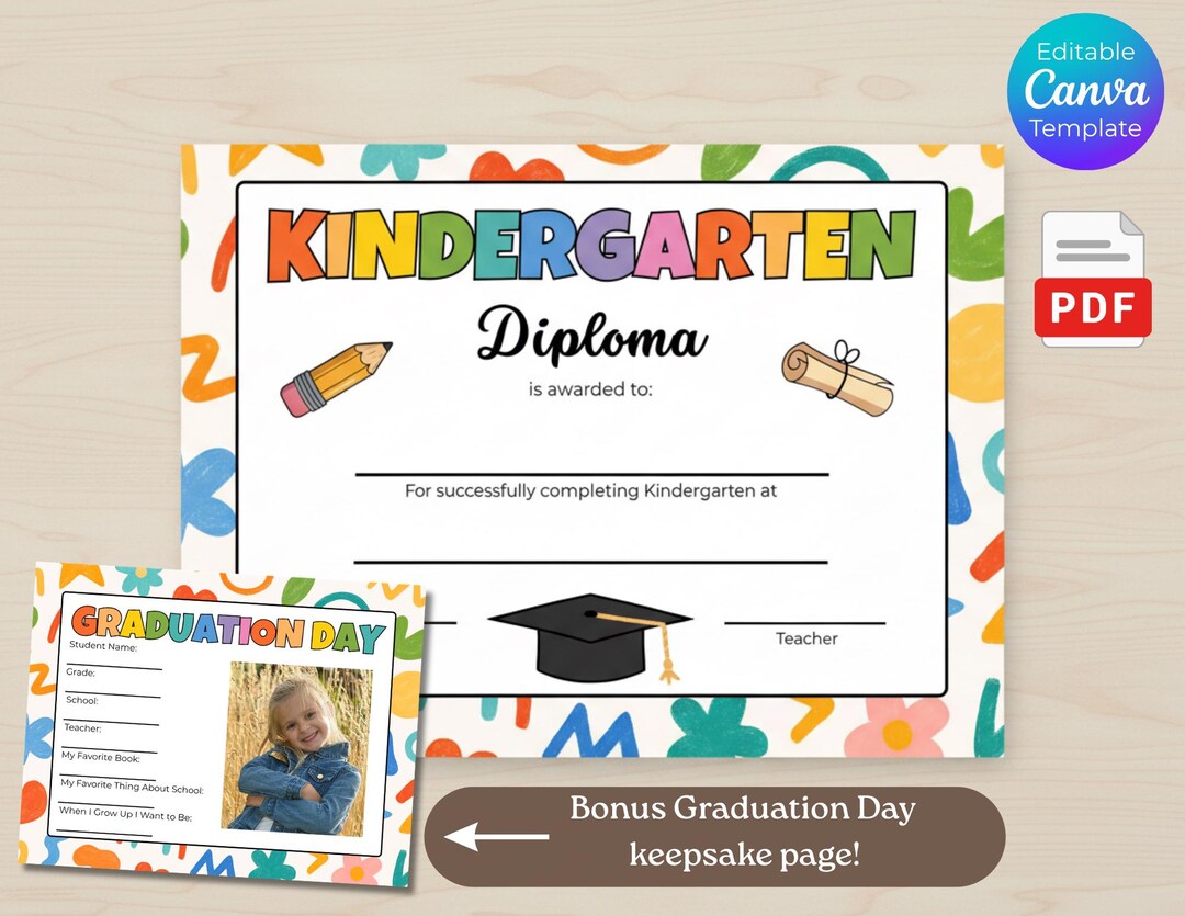 Kindergarten Graduation Diploma Template, Editable Canva Certificate ...