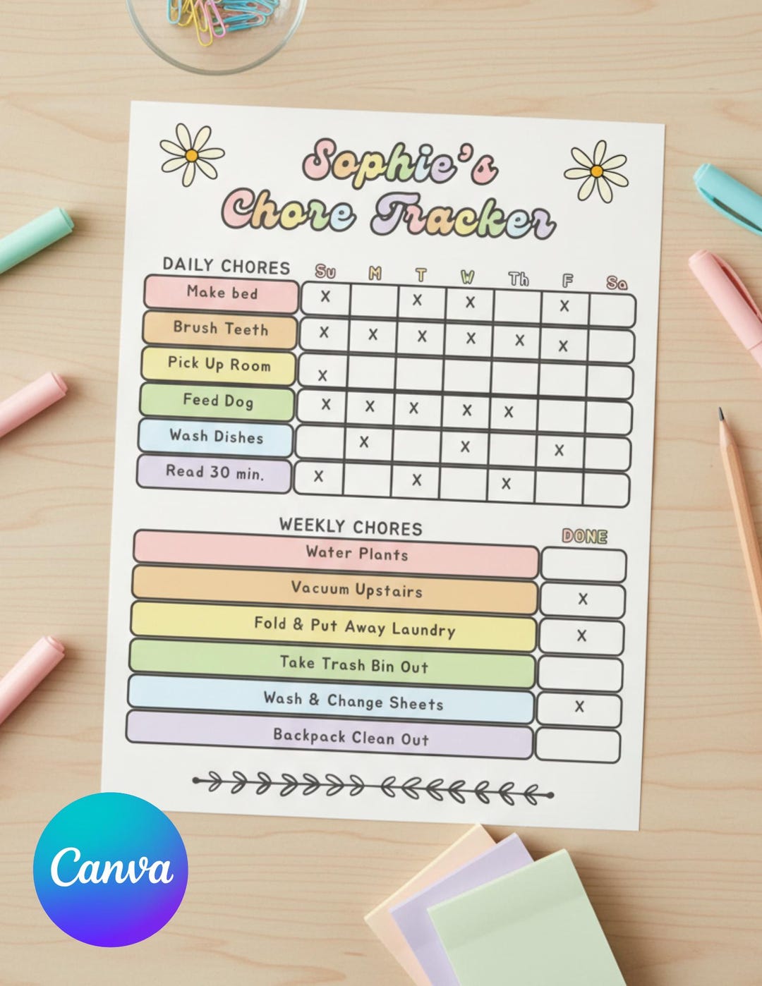 Editable Kids Chore Chart | Pastel Rainbow Canva Template | Printable ...