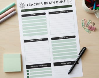 Teacher Brain Dump Sheet | Teacher Printable Organizer (PDF Download) | Elementary School Classroom Daily Planner | ADHD Teacher Notes