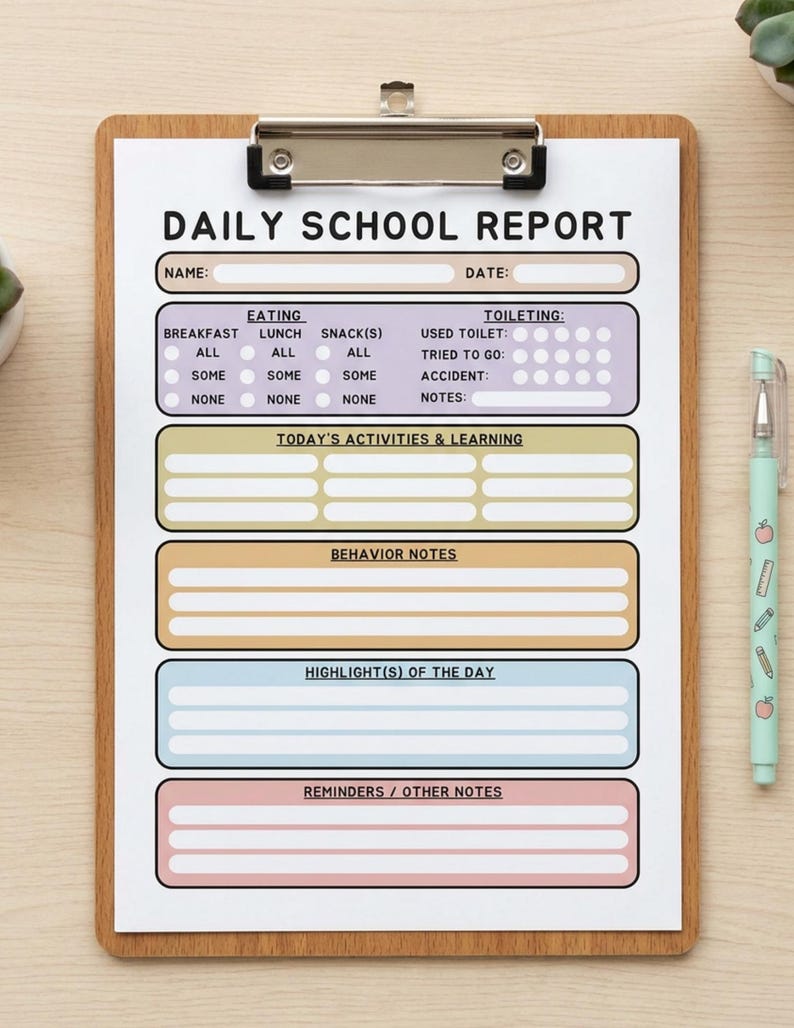 May include: A Daily School Report form on a wooden clipboard with a light green pen. The form features sections for name, date, eating, toileting, activities, behavior, highlights, and reminders, organized in colorful pastel boxes with black text.