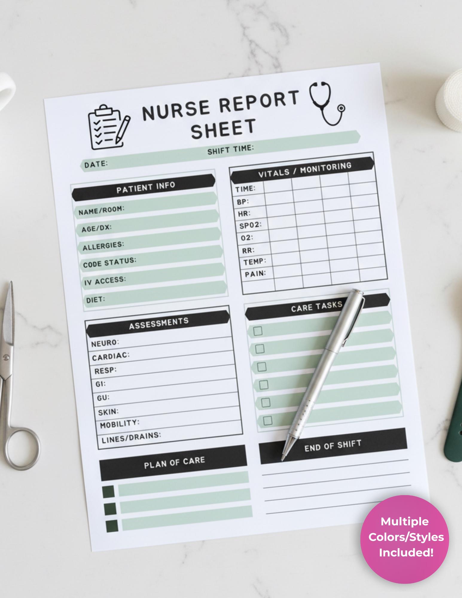 Editable Nurse Report Sheet Template | Shift Organizer Printable PDF ...