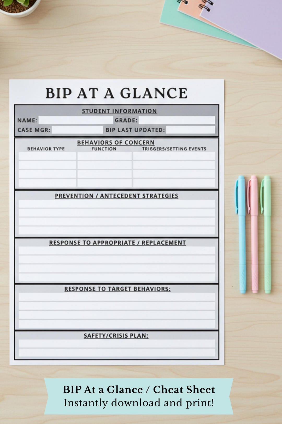 BIP At-a-glance Printable | Behavior Intervention Plan Snapshot | IEP ...