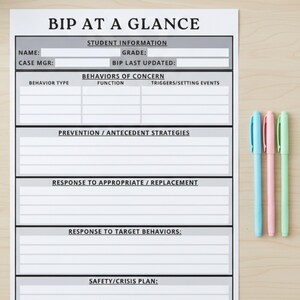 May include: A printed document titled "BIP At a Glance" with sections for student information, behaviors of concern, and safety plans. Three pens in blue, pink, and green are next to the document. The text reads "Instantly download and print!"