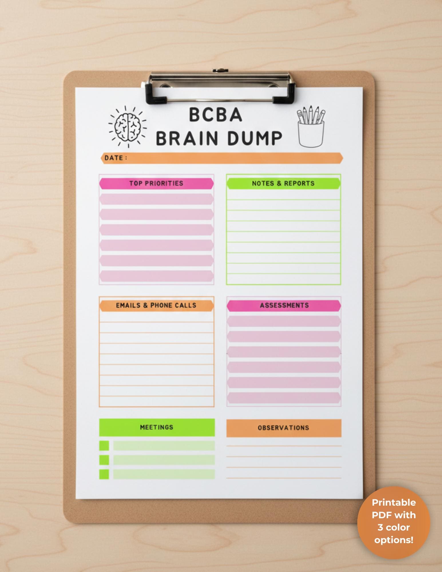 BCBA Brain Dump Printable | Behavior Analysist Note Organizer | ABA ...