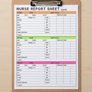 Peut inclure: Une feuille de rapport d'infirmière sur un presse-papiers. Elle comprend des sections pour les informations sur le patient, les signes vitaux et les tâches. Les sections supérieure, centrale et inférieure sont mises en évidence en orange, vert et rose. Texte: PDF vierges imprimables, 3 options de couleur incluses.