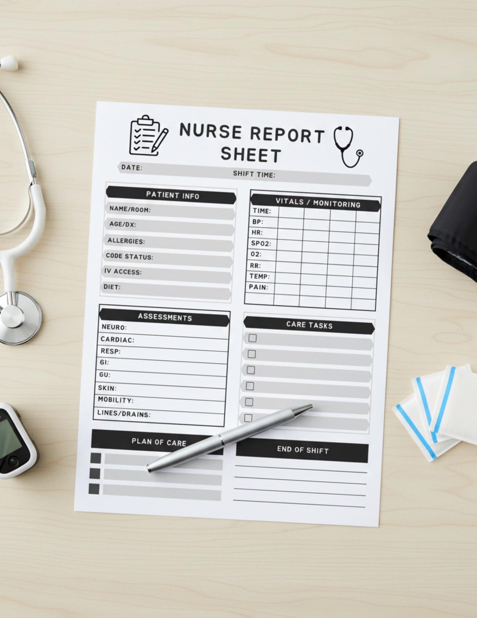 Editable Nurse Report Sheet Template | Shift Organizer Printable PDF ...