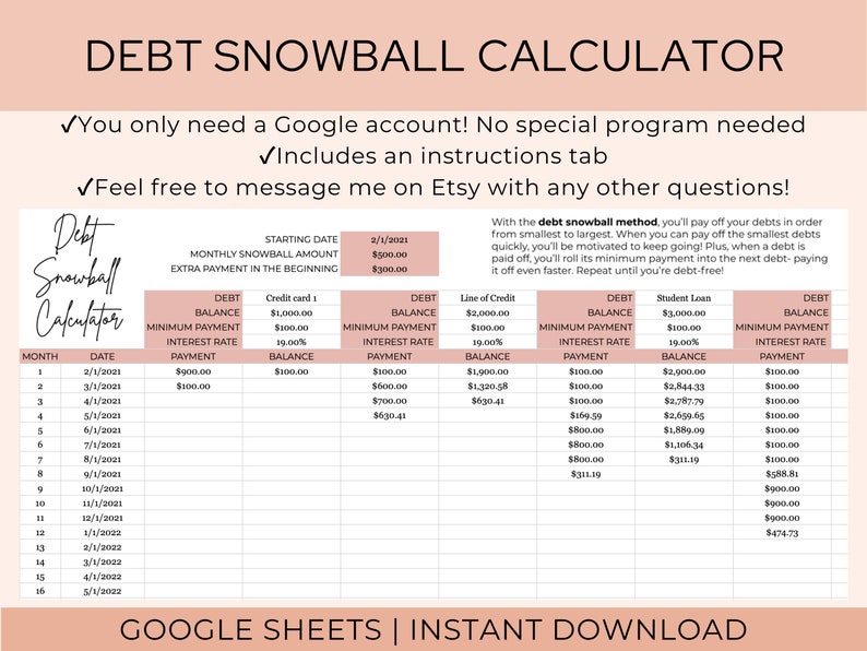Debt Snowball Spreadsheet Debt Payoff Calculator Google Etsy Canada