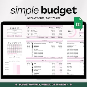 May include: A digital budget planner displayed on a laptop screen. The spreadsheet shows income, expenses, and savings, with a summary and a calendar. Text includes "simple budget" and "instant setup / easy to use."