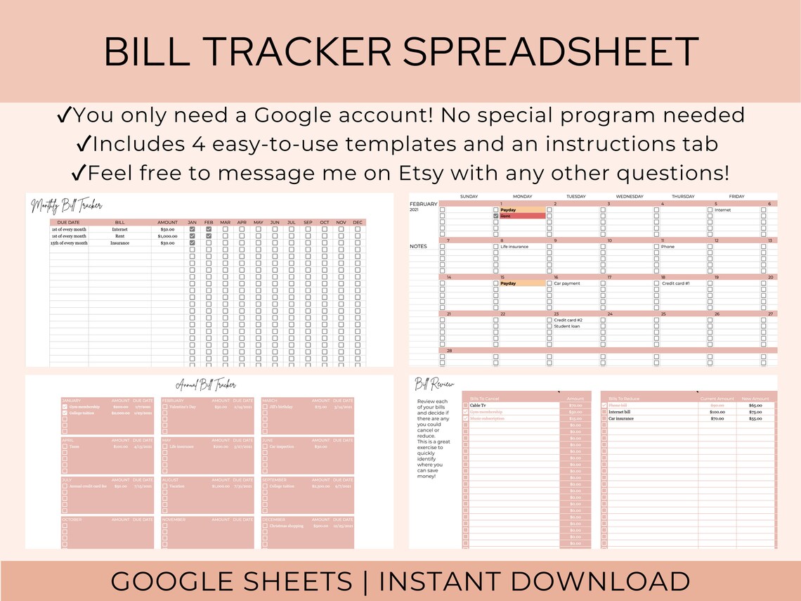 Bill Tracker Spreadsheet Google Sheets Bill Tracker Etsy
