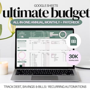 May include: A laptop screen displays a Google Sheets ultimate budget template with sections for annual, monthly, and paycheck tracking. The interface features sage green and white colour schemes, charts, and tables for income, bills, and savings.