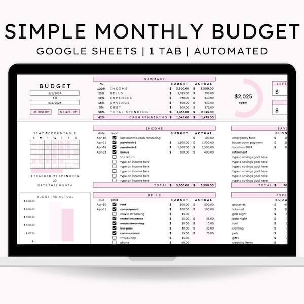 Monthly Budget Spreadsheet | Google Sheets Budget Planner | Simple 1 Tab Budget