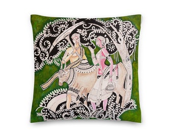 Madhubani Design Coussin • Oreiller décoratif • Jeter oreiller • Oreiller en lin • Cadeau pour elle • Oreiller carré premium • Cadeau • Oreiller 18 x 18