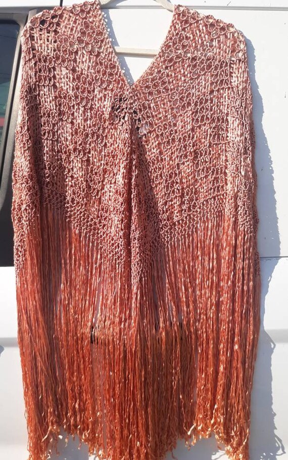 Vintage Crochet Fringe Poncho Shawl Cape Gem