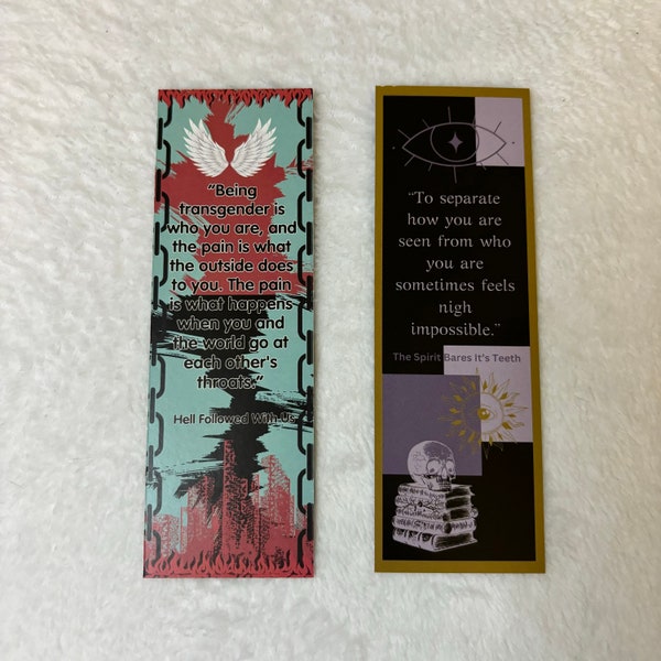 Trans Joy Bookmark with quotes from Hell Followed With Us and The Spirit Bares It's Teeth