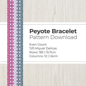 May include: A digital pattern for an even count peyote bracelet using 11/0 Miyuki Delicas. The design features vertical stripes in shades of pink, light pink, and dark blue. Text reads: Peyote Bracelet Pattern Download, Even Count, 11/0 Miyuki Delicas, Rows: 183 | 15.7cm, Columns: 12 | 1.6cm.