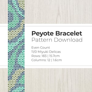 May include: A Peyote Bracelet Pattern Download featuring a vertical strip of beadwork in shades of teal, blue, and pale yellow. Text reads: Peyote Bracelet Pattern Download, Even Count, 11/0 Miyuki Delicas, Rows: 183 | 15.7cm, Columns: 12 | 1.6cm.