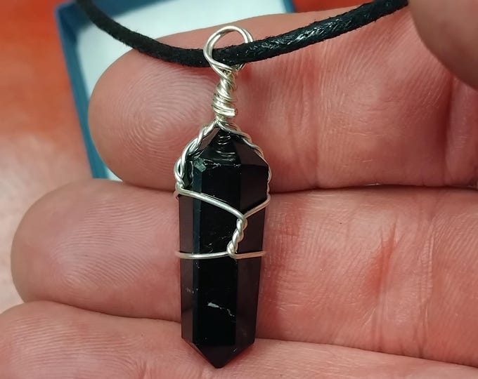 Black TOURMALINE  Pendant- Double Terminated - Wire Wrapped-Black Cord- PROTECTION-Gift Box- Gift Yourself- Friend- Family -Loved One