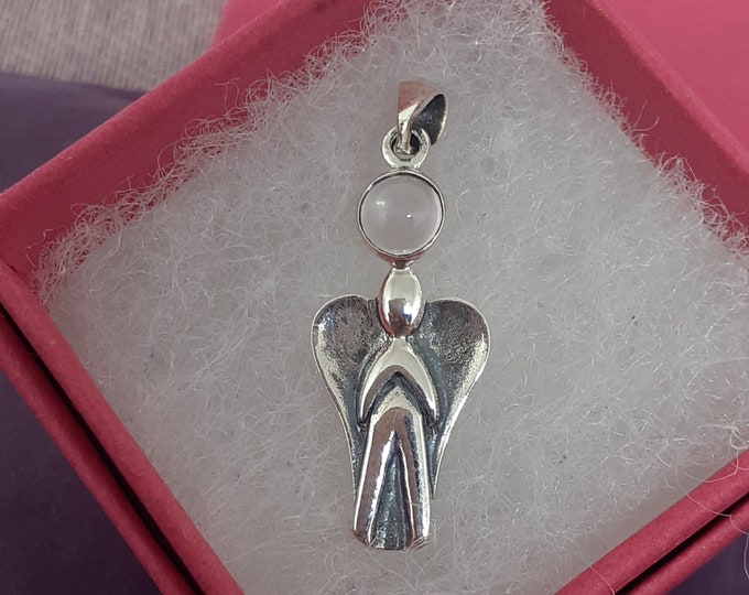 Pendant-Sterling Silver 925 Pendant Guardian Angel - 25 mm The "Goddess Collection" -Rose Quartz