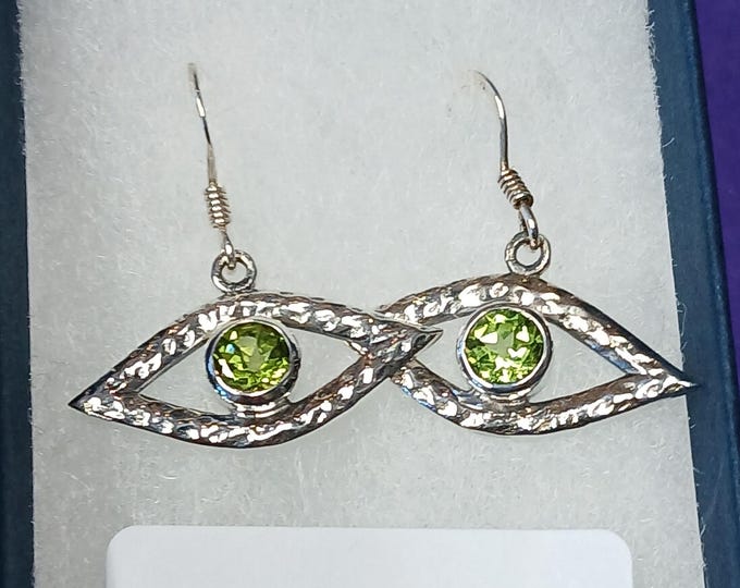 Earrings- Sterling Silver 925 - Evil Eye -"Goddess Collection" Peridot- 25 mm-Gift Box-Gift-Yourself-Friends-Family-Loved One