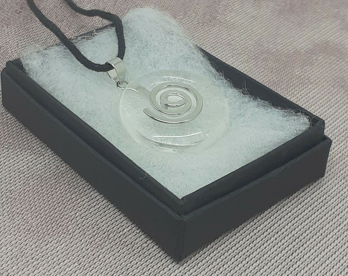 Clear Quartz Donut -25 mm-Silver Plated Spiral Holder- Black Cord-Gift for Yourself- Friend-Loved One-Gift Box