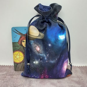 Bolsa de cartas de tarot Bolsa- forrada -hecha a mano - Los Planetas- Algodón - Cinta- Cuentas de color plata