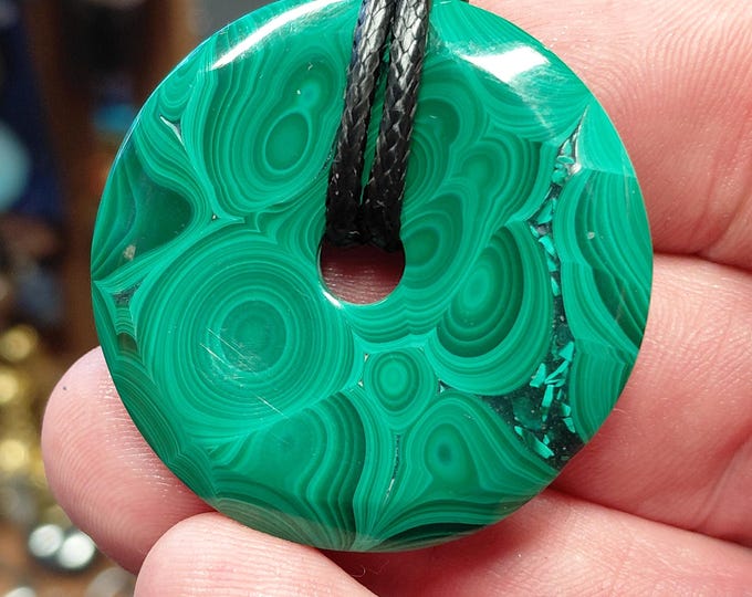 Malachite Donut Pendant: Natural Gemstone with Black Cord -40 mm