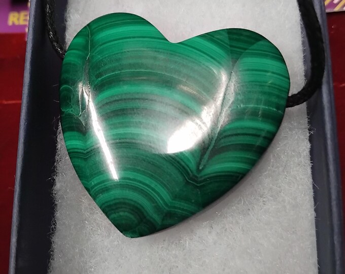 Malachite -Heart-35 mm-Pendant- Black Cord- Gift Box- Gift-Yourself- Friends-Family-Loved One-Gift Box