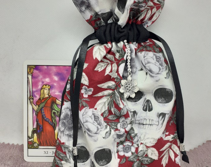 Deluxe Tarot cards pouch Bag, lined pouch, handmade -Skull-Rose Charm-Tibetan Silver Beads- New Design