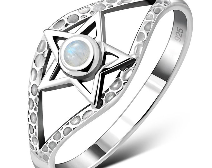 Pentagram-Rainbow Moonstone-Ring Sterling Silver 925 -  New "Goddess Collection"- Multiple Sizes Available- Gift Box