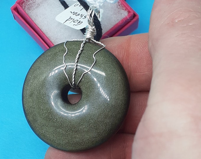 Goldsheen Obsidian-Donut-  40 mm Wire Wrapped-Black Cord-Creativity-stone of prosperity- NEW- Gift Box
