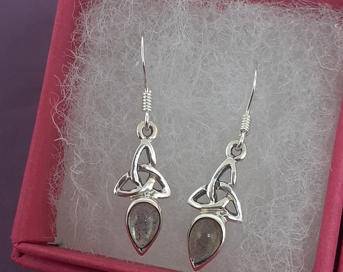 Labradorite Earrings- Sterling Silver 925 Pendant Small Celtic Trinity Knot "Goddess Collection" -Gift Box