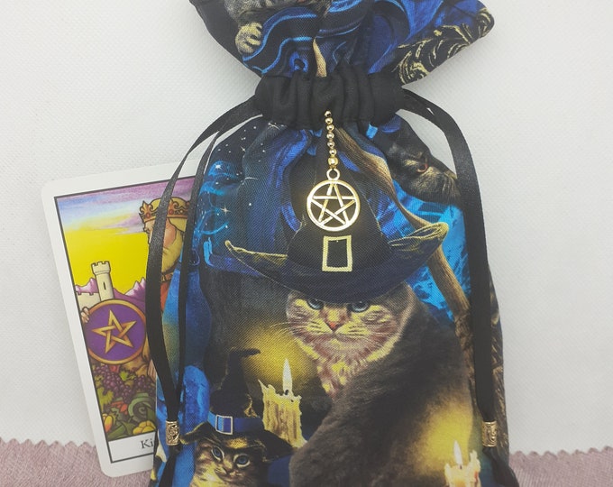 Deluxe Tarot - Oracle- cards pouch Bag, lined pouch, handmade -Cat- Pentacle -Charm- Beads- New Design
