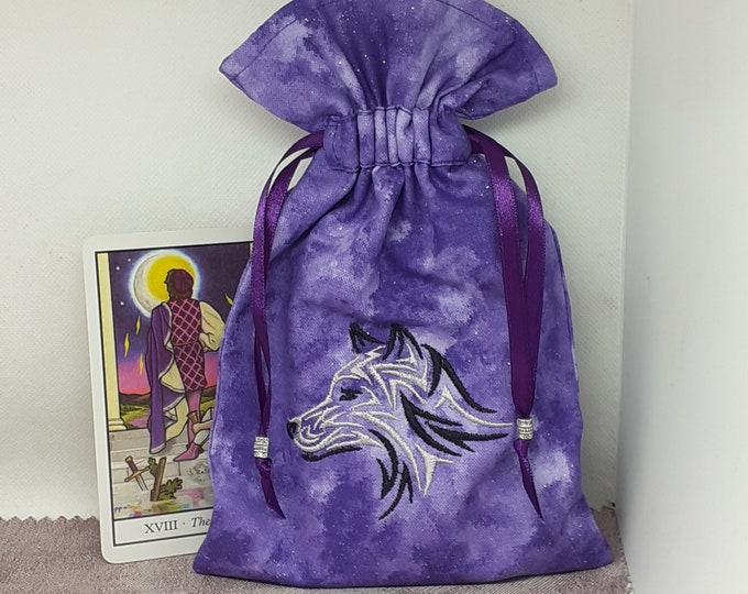 Deluxe Tarot cards pouch Bag, lined pouch, handmade -Embroidery- Wolf -Tibetan Silver Beads- New Design