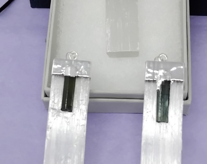 Selenite and black tourmaline silver plated pendant- Black Cord- Gift Box- Gift Yourself- Friend- Family -Loved One