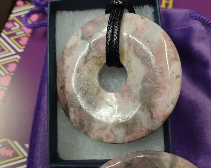 Rhodonite-50 mm-Donut-Pendant- Black Cord - Gift-Yourself- Friends-Family-Loved One-Gift Box