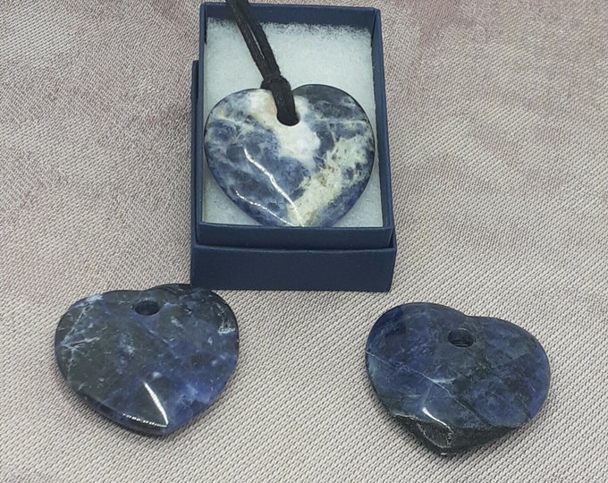 Sodalite- Large Heart Pendant- 40 mm - Black Cord- Gift Box- Gift Yourself- Friend- Family -Loved One