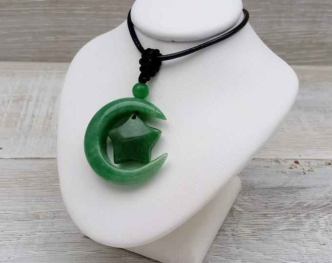 Green Aventurine Moon & Star Pendant Necklace- Cord - Gift-Yourself- Friends-Family-Loved One-Gift Box