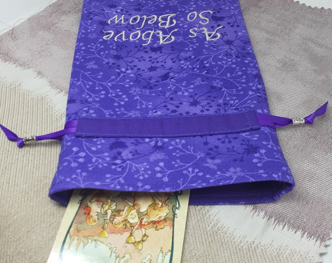 Deluxe Tarot cards pouch Bag, lined pouch, handmade -Embroidery- As Above So Below -Tibetan Silver Beads- New Design