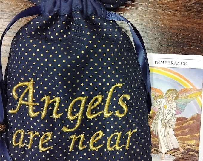 Deluxe Tarot cards pouch Bag, lined pouch, handmade -Embroidery- REVERSIBLE-Angels are Near-Angel Wings-Tibetan Silver Beads- New Design