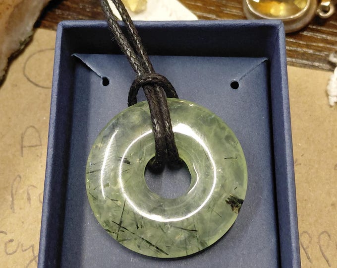 Prehnite Donut -30 mm- Black Cotton Wax Cord Pendant