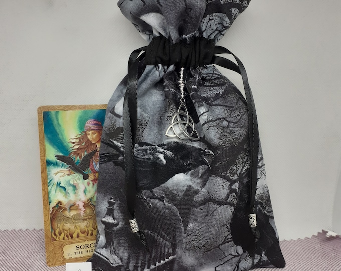 Deluxe Tarot cards pouch Bag, lined pouch, handmade -Black Crow-Celtic Charm-Tibetan Silver Beads- New Design