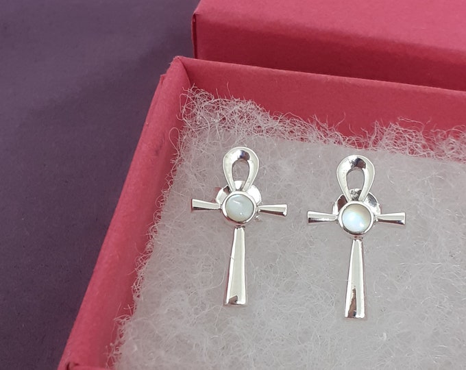 Mother Of Pearl Ankh Stud Sterling 925 Silver Stud Earrings  "Goddess Collection" Lovely Gift Yourself Friends Family-Loved One